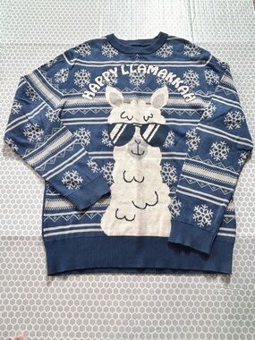 Blue 'Happy Llama' Crewneck Sweater - Mad Engine Size L UNISEX